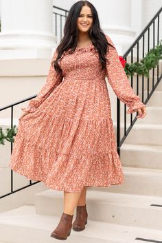 Orange Plus Size Floral Print Smocked Tiered Long Dress Fall Tiered Dress With Smocked Cuffs, Fall Tiered Dress With Smocked Bodice, Modest Flowy Smocked Dress For Fall, Modest Long Sleeve Smocked Dress For Spring, Plus Size Dresses For Party, Dresses For Parties, Long Dress Plus Size, Romantic Floral Print, Cute Accessories