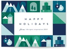 a holiday card with the words happy holidays from the apex corporation, and christmas decorations