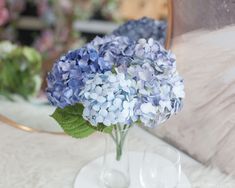 a vase filled with blue flowers sitting on top of a table next to a mirror