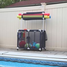 an inflatable pool toy cart next to a swimming pool