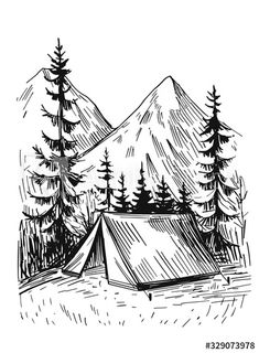 a camping tent in the woods with mountains and trees around it hand drawn doodle style