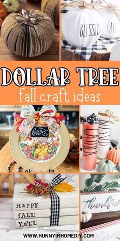 dollar tree fall craft ideas collage with pumpkins, books and other items in the background