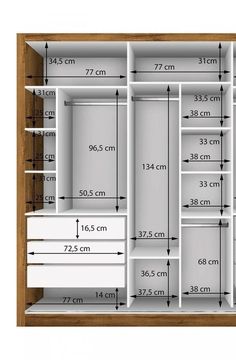 an image of a closet with measurements for the drawers and shelves in white, wood and metal