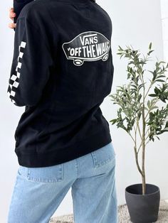 Vans Kids Exposition Check Pullover Crew Fleece Black VN0A3HWCBLK - APLAZE Vans Sweatshirt, Skateboard Logo, Vans Kids, Classic Logo, Print Logo, Screen Printing, Crew Neck Sweatshirt, Sweatshirts, ? Logo