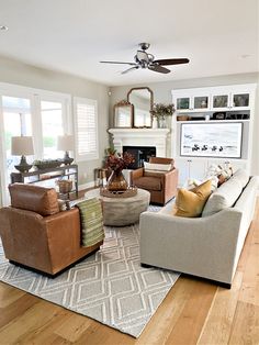 a living room filled with furniture and a fire place in the middle of a room