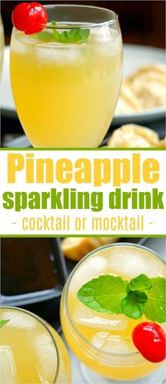 pineapple sparkling drink in glasses with mint garnish and cherry on the rim