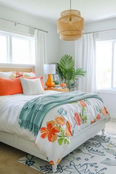 a bedroom with white bedding and orange pillows on top of the bedspread