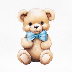 a brown teddy bear with a blue bow tie sitting on top of it's legs