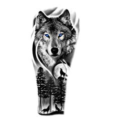 a wolf with blue eyes standing in front of the moon and trees on his arm