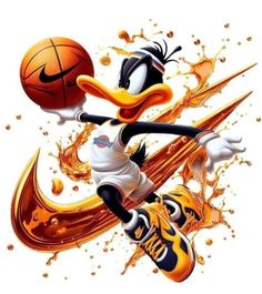 a cartoon duck is playing basketball with an orange and black ball in the air,