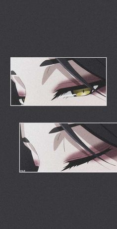 two anime eyes with long lashes and yellow eyeliners, one in black and the other in white