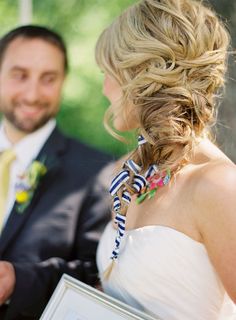 Photography by annerobertphotography.com, Creative Design   Planning by kelleycannonevents.com/, Floral Design by hollychappleflowers.com Beautiful Wedding Hair, Blue Hair Accessories, Striped Wedding, Loose Braids, Bride Hairstyles