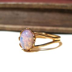 Vintage Pink Harlequin Opal Ring - WWII Era - Lace / Scalloped Setting - Gold Plated - Adjustable Vintage Gold Opal Jewelry, Vintage Opal Ring As A Gift, Vintage Yellow Gold Opal Jewelry, Vintage Opal Jewelry In Yellow Gold, Vintage Opal Ring Gift, Handmade Opal Ring For Wedding, Handmade Opal Wedding Ring, Vintage Pink Birthstone Rings, Antique Opal Wedding Rings