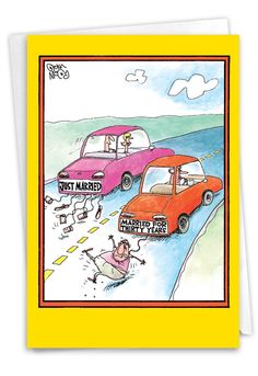 a card with an image of two cars on the road and one is saying just married