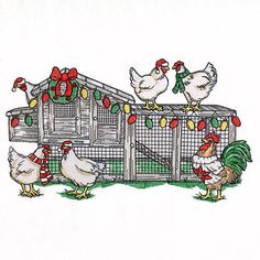 a drawing of chickens in front of a chicken coop with christmas lights on the roof