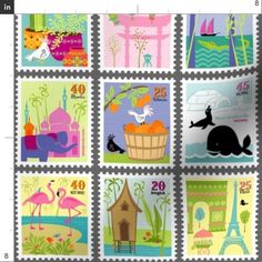 postage stamps with different designs and animals on them, all printed in different colors to match the theme of each stamp