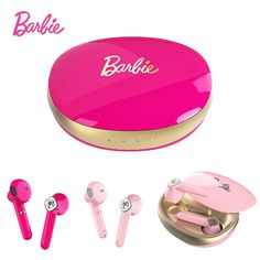 pink earbuds and headphones with barbie logo on them are sitting next to each other