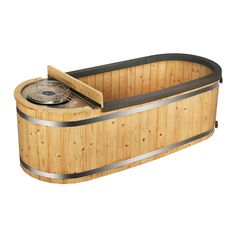 an image of a wooden bathtub with a lid on the side and metal trim around it