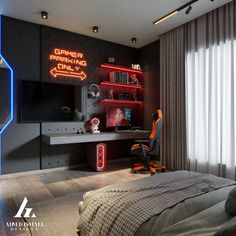 a bed room with a neatly made bed and a neon sign on the wall above it