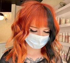 Rust Orange Hair Color, Copper Two Tone Hair, Half Brown Half Copper Hair Split, Gray And Orange Hair, Ginger Hair Combos, Orange Hair With Black Streaks, Halloween Color Hair, Fall Split Dye Hair, Edgy Copper Hair