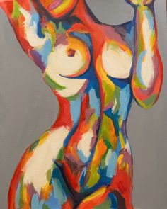 a painting of a woman's torso and hand on her head, painted in bright colors