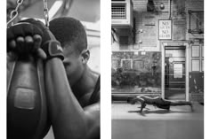 two pictures one is black and white the other has a man doing exercises on a swing