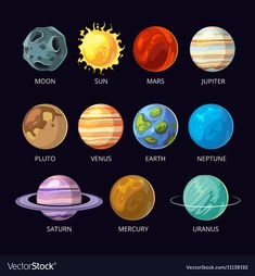 the solar system with all its planets and their names on a black background, illustration