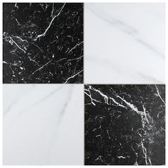 black and white marble tile with four squares in the same pattern, each showing different colors