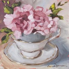 a painting of pink flowers in a teacup