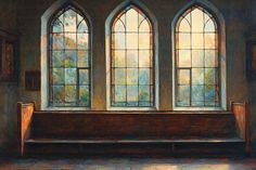 three stained glass windows in an old church with pews on the floor and sunlight streaming through them