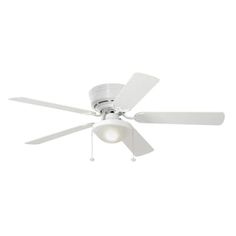 a ceiling fan with two white blades on the top and one light on the bottom