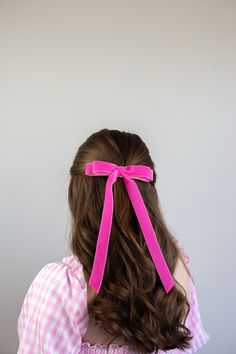 "Luxe velvet, dainty statement hair bow for women or children. This bow is considered a \"stacked\" bow and features beautiful long ribbon tails. It's the perfect accessory to add a little luxe and refined classic style to any outfit. The Alice Long Bow measures approximately 5.25\" wide and tails are approximated 9.25\" long from bottom of bow to longest tip. This bow is secured on a 3\" French barrette. Color is hot pink. Other colors available, see shop! *Please note these bows are handcrafte Velvet Hair Bow, Pink Hair Bow, Statement Hair, Hot Pink Hair, Long Bow, Brand Photography Inspiration, Pink Hair Bows, Bow Hairstyle, Bow Headband Hairstyles