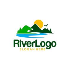 river logo design with mountains and trees