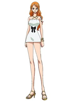 an anime character with long red hair wearing a white dress and high heeled sandals