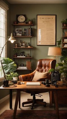 a leather chair sitting in front of a desk with a lamp on top of it