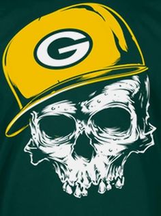 a green bay packers skull wearing a green and yellow football hat with the word's on it