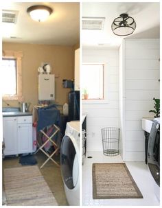 before and after pictures of a small laundry room