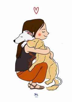 a woman holding a dog and hugging it's face with a heart above her head