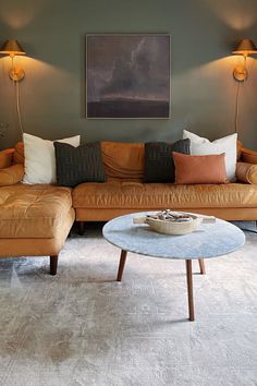 a living room with two couches and a coffee table in front of the wall