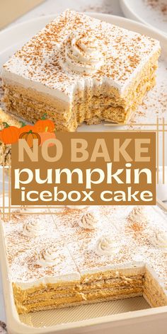 no bake pumpkin icebox cake on a white plate with the title overlay