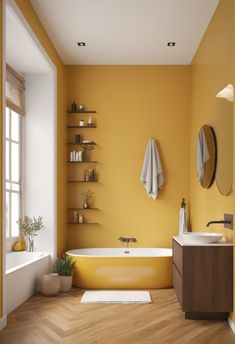 a bathroom with yellow walls and wooden flooring is pictured in this image, there are towels hanging on the shelf above the bathtub