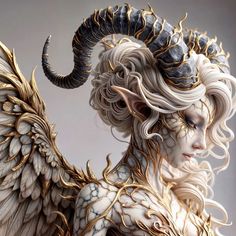 an artistic painting of a woman with horns and wings on her head, holding a cell phone