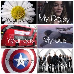 four different pictures with the words youdissy, your bus, my shield and captain america