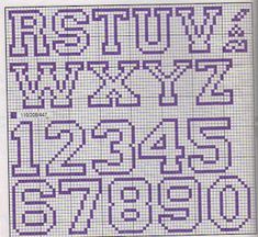 a cross stitch pattern with the letters and numbers in purple on white canvas, framed