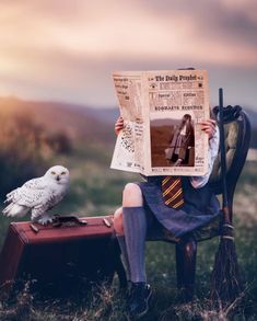 a person sitting in a chair reading a newspaper with an owl perched on top of it