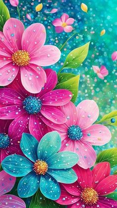 colorful flowers with rain drops on them are shown in this painting by artist mary williams