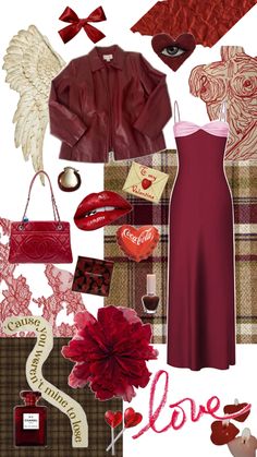 a collage of red and brown items including a jacket, dress, purse, shoes, heart shaped brooch