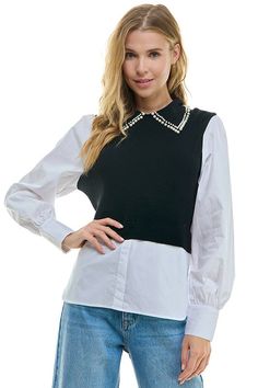 Embellished, pearled collar, ribbed bodice, sweater top, featuring contrast white shirt underneath. Available in black & white. 55% Viscose, 30% Nylon, 15% Modal Twofer Sweater, White Shirt, Sweater Top, Bodice, Collar, Black And White, Black