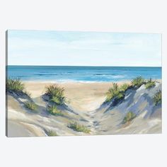 a painting of the beach with sand dunes and grass growing out of it's sides