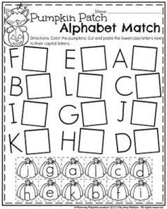 the pumpkin patch alphabet match worksheet is shown in black and white with an image of